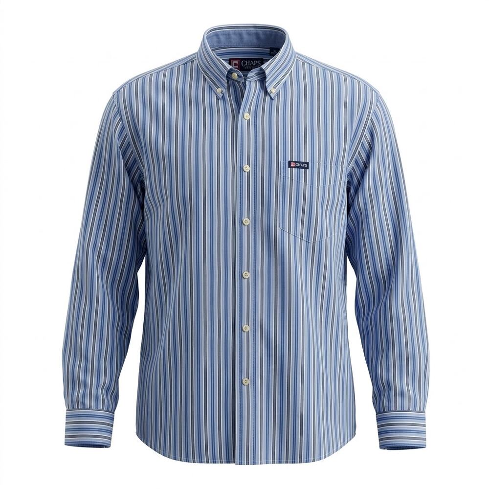 Chaps Easy Care Blue White Striped Button Shirt Long Sleeve Men Size L